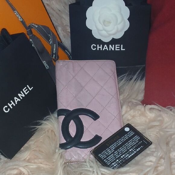 Authentic Chanel Pink & Black Cambon Quilted Lambskin Full Size Wallet